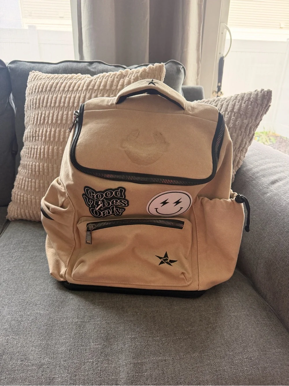 Kids Beige Canvas Backpack with Patches and Front Zip Pocket